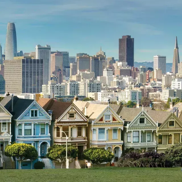 Los excursionistas se sientan en el césped del Alamo Square Park con las Damas Pintadas y el horizonte de San Francisco al fondo.